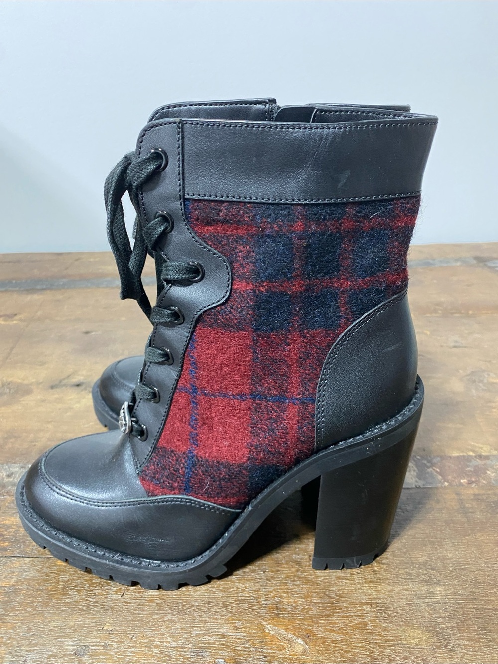 Coach Black Leather and Red Plaid Lace-Up Heeled Ankle Boots - Picture 3 of 5